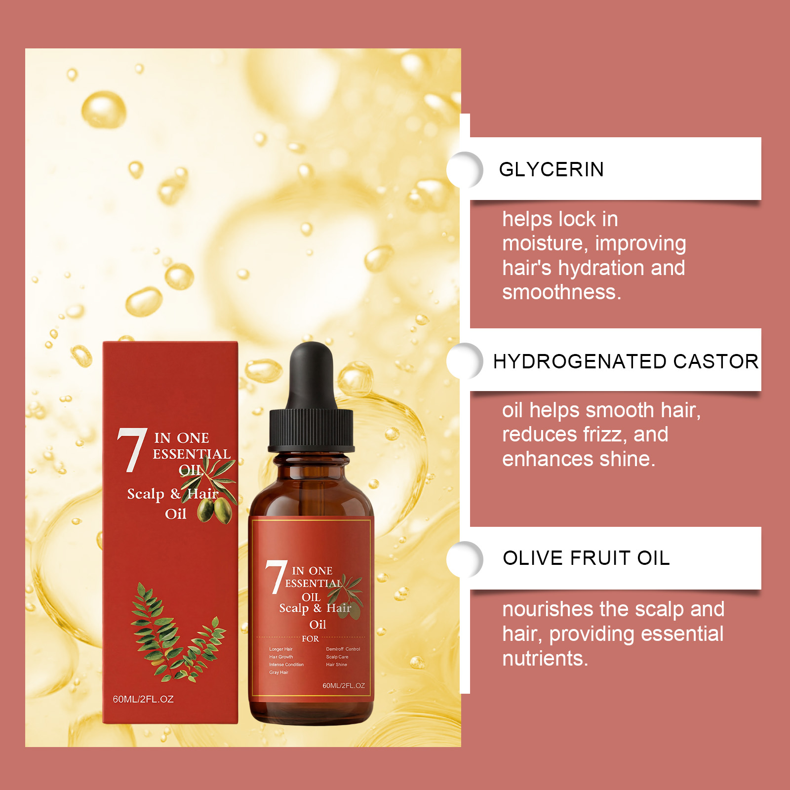 7-in-1 Hair Essential Oil 60ml - Hair Care Olive Oil avaliação e preço